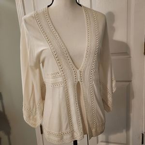 Harold's knit sweater Top, low V-neck, bell sleeve, open at tummy, pull-over Sm
